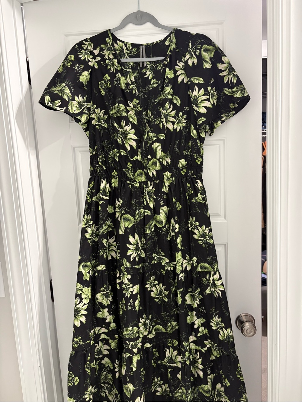 Anthropologie Somerset Black Dress with Green Botanical Print